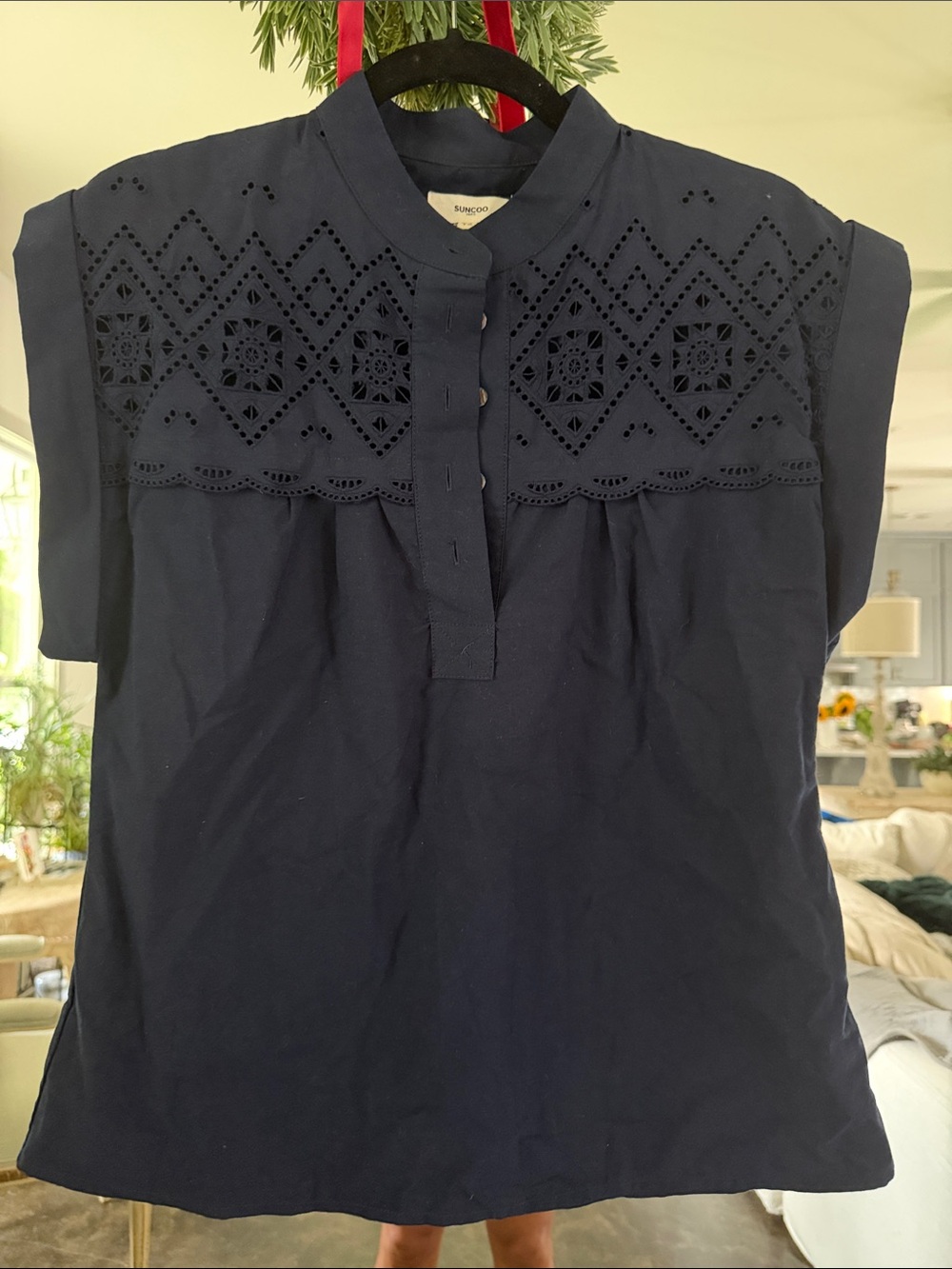 SUNCOO Navy Eyelet Yoke Sleeveless Blouse